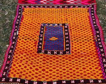 Yellow and pink turkish kilim 3''5x4''6 feet, Fast and FREE SHİPPİNG!! CODE:980