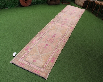 turkish rug runner, Oushak runner, vintage hand knotted oushak hallway rug, vintage turkish runner, size 2''8x12''8 feet, CODE:2199