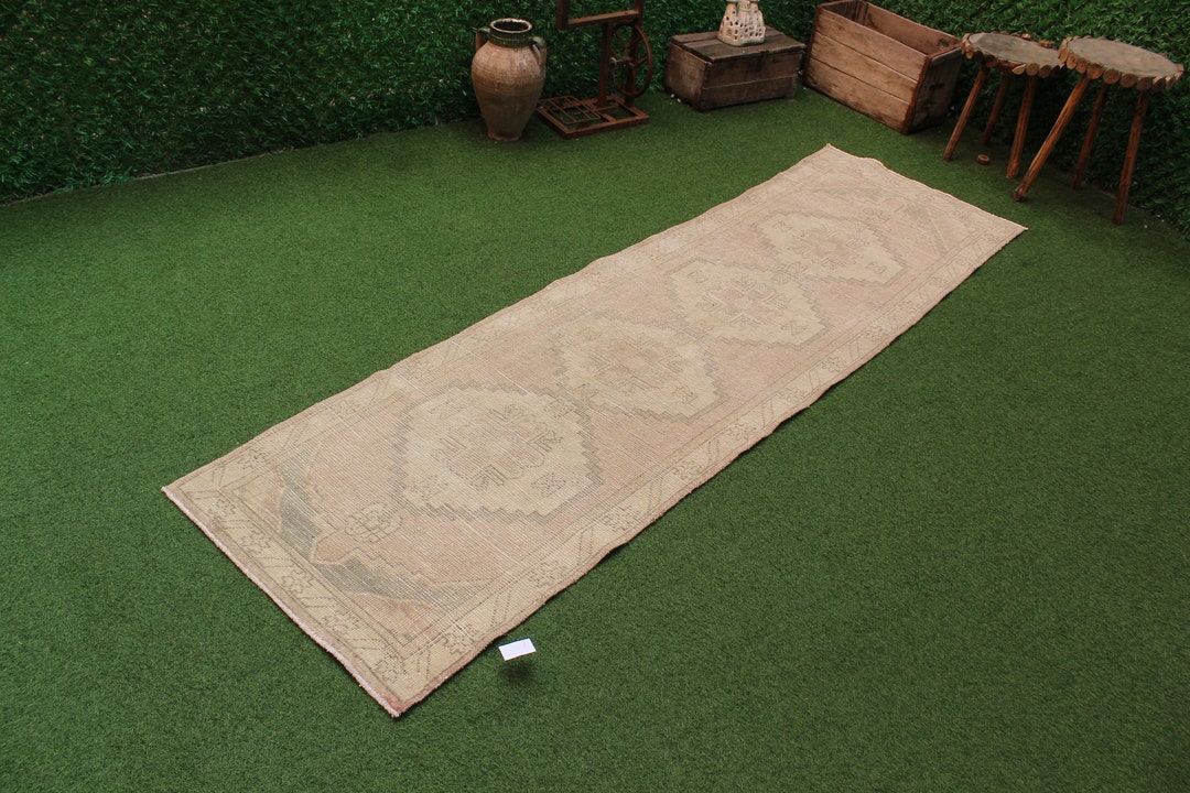 Muted Oushak Rug Runner , 2''8 X 9''5 Ft Pale Peach and Gray, Oushak