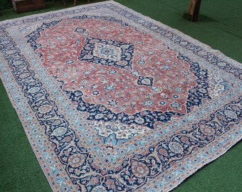 Oushak Area Rug 8x12: Hand-Knotted Wool, Red & Blue Medallion