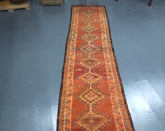 Soft Red and Orange Handmade Oushak Runner Rug, size 2''8x12''2 feet, Home Decor Rug, fast and free shipping  CODE:961
