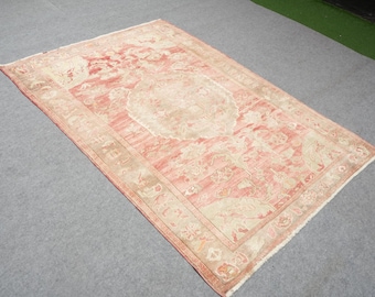 Vintage Turkish Oushak Rug, 5x7 Hand-Knotted Wool Carpet, Distressed Medallion Design