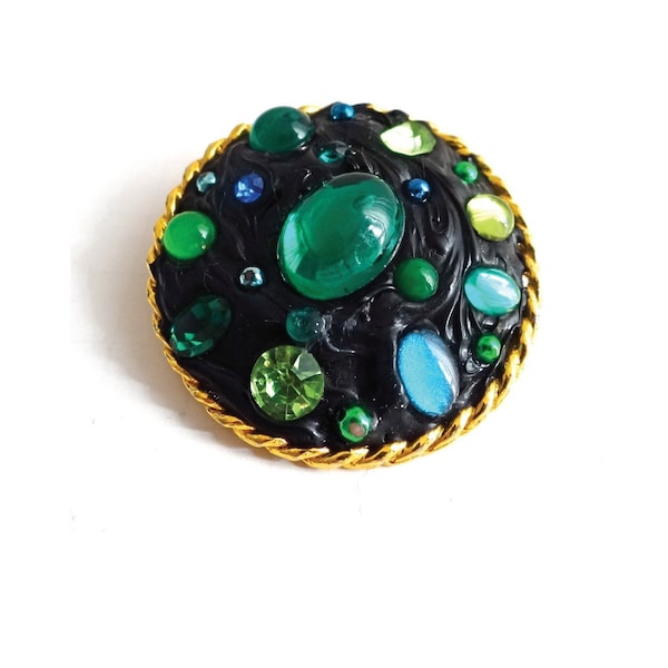 BROCHE VINTAGE; Jacky de G Style; Broche ton Noir & Pierres Vertes Bleues; Vintage Années 80; Pour Elle; Collection Bijoux Vintage.