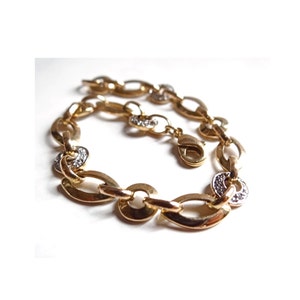GOLD & STRASS BRACELET; Bracelet with round gold-tone links and rhinestones, Art Deco inspiration, vintage 1980s, for her.