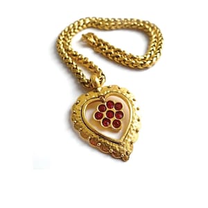 HEART PENDANT NECKLACE; Gold Tone Palm Tree Chain & Heart Motif Pendant, Vintage 1990s, For Her, French Vintage.