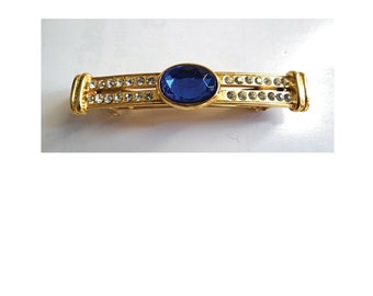 BARRETTE ALEXANDRE Aus PARIS; Goldfarbene Haarspange mit Strasssteinen und blauem Kristall; Art-Deco-Stil; 90er; Französisches Modeaccessoire; Sammlerstück.