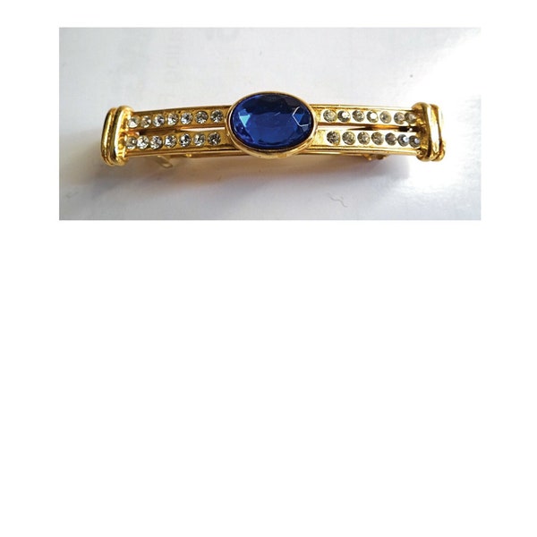 BARRETTE ALEXANDRE From PARIS; Gold Tone Rhinestone & Blue Crystal Barrette; Art Deco style; 90s; French Fashion Accessory; Collectable.