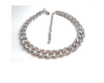 CURB NECKLACE; Silver Tone Choker Necklace; Vintage 90s; For Her or Him; Collectible.