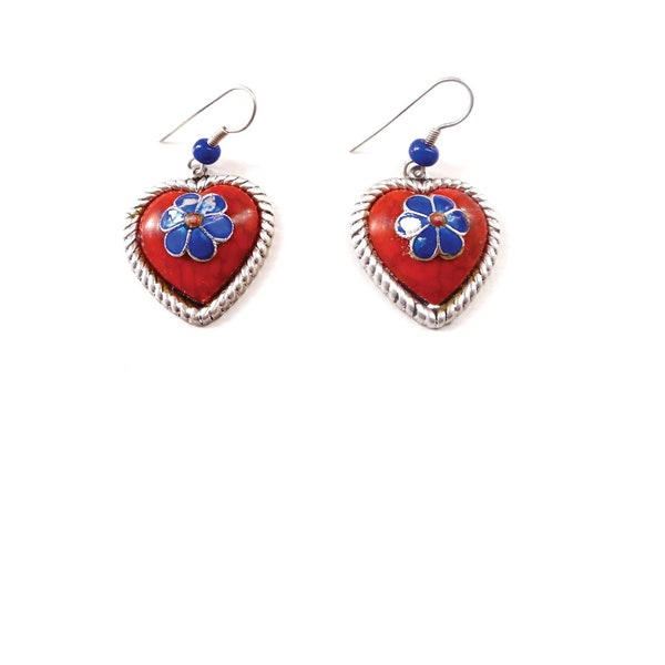 REMINISCENCE EARRINGS; Enamel & Silver Metal Heart Pattern Earrings; 80 years; Paris Reminiscence Jewelry; Collectibles; For her.