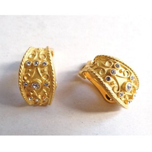 SEMI CREOLE CLIPS; Baroque Style Earrings, Gold & Rhinestone Clips, Vintage 2000s, For Her, Collectible.