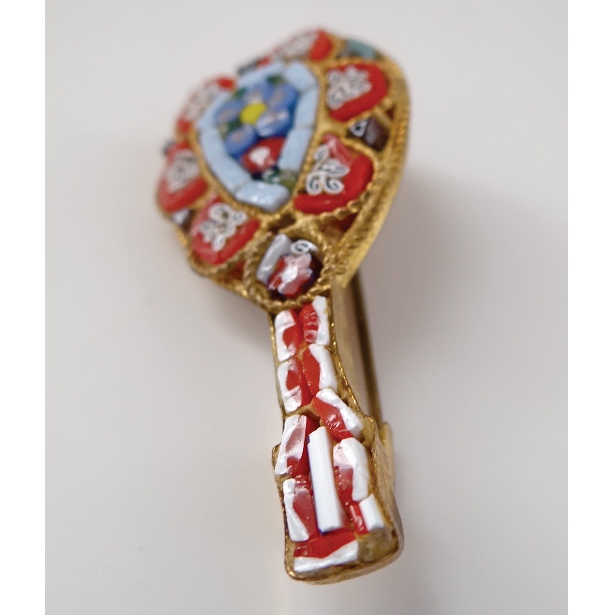 Ancienne Broche Micro Mosaïque Millefiori : Mandoline 4.5 cm