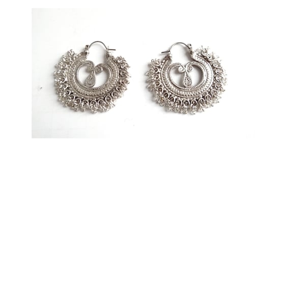 ETHNIC CREOLES; Silver Tone Earrings; Vintage 70s… - image 1