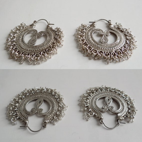 ETHNIC CREOLES; Silver Tone Earrings; Vintage 70s… - image 2