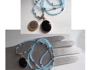 Collier Vintage En Onyx Noir Et Perles Violettes - Fermoir Argenté - Longueur 46-50 Cm - Occasion