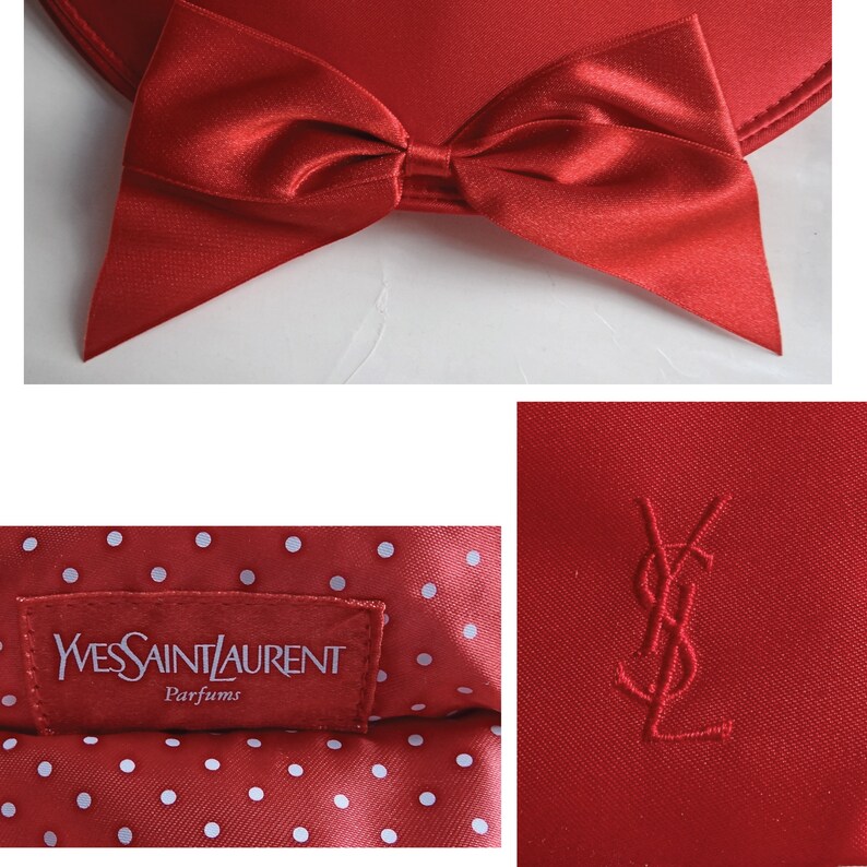 May include: Red satin gift box with a large bow and white polka dots. The box has a label that reads "Yves Saint Laurent Parfums" and a YSL logo.
