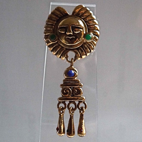 Broche Vintage P&M Paris Dorée Avec Cabochons En Pâte De Verre - 67x18mm