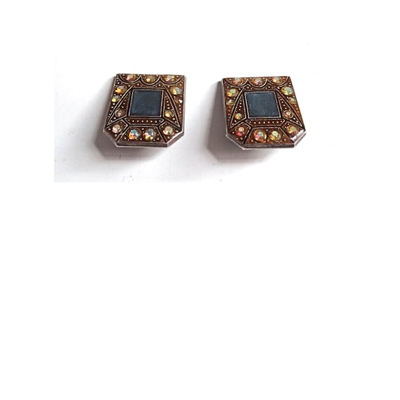 Paire De Clips D'oreilles Art Déco Moderniste Vintage - Nacre Noir Argent, Métal Doré Et Strass - Occasion Bon état