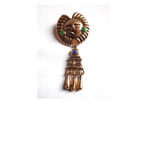Broche Vintage P&M Paris - Métal Doré Mat Avec Cabochons Pâte De Verre - 67x18mm