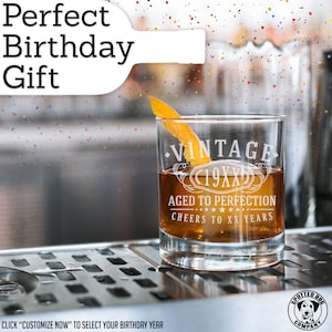 Personalized Vintage 19XX Birthday Etched 10oz Whiskey Rocks Glass - Custom Age Aged to Perfection - XX years old gifts Bourbon Scotch