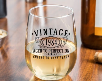 Vintage 1984 Printed 17oz Stemless Wine Glass - 40th Birthday Aged to Perfection - 40 years old gifts