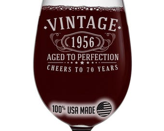 Vintage 1956 Etched 16oz Stemmed Wine Glass – Happy 70th Birthday Gifts for Men Women, Cheers to Turning 70 Year Old Decorations Decor,...
