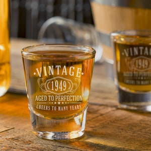 2pk Vintage 1949 Etched 2oz Shot Glasses - 76th Birthday Aged to Perfection - 76 years old gifts