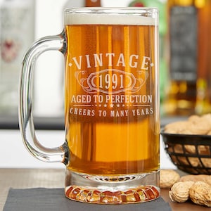 Vintage 1991 Etched 16oz Glass Beer Mug - 34th Birthday Aged to Perfection - 34 years old gifts