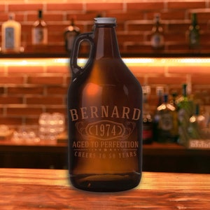 Personalized Etched 64oz Amber Glass Beer Growler-Groomsmen Gifts-Father&#39;s Day Gifts-Birthday Gifts-Bernard