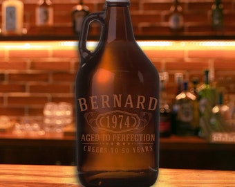 Personalized Etched 64oz Amber Glass Beer Growler-Groomsmen Gifts-Father's Day Gifts-Birthday Gifts-Bernard