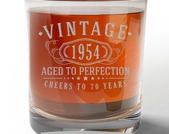 Vintage 1954 Etched 11oz Whiskey Rocks Glass - 70th Birthday Gift Aged to Perfection - 70 years Bourbon Scotch Lowball Old Fashioned 1.0