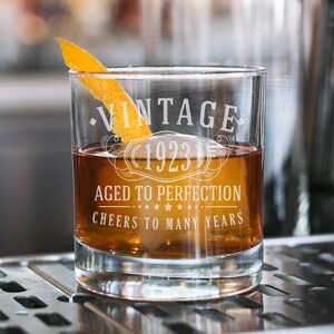 Vintage 1923 Etched 11oz Whiskey Rocks Glass - 102nd Birthday Gift Aged to Perfection - 102 years Bourbon Scotch Lowball Old Fashioned