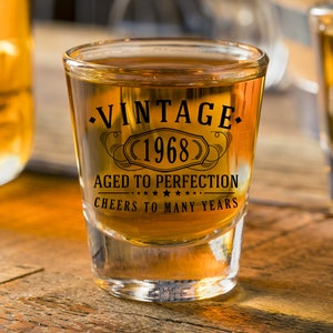2pk Vintage 1968 Printed 2oz Shot Glasses - 57th Birthday Aged to Perfection - 57 years old gifts