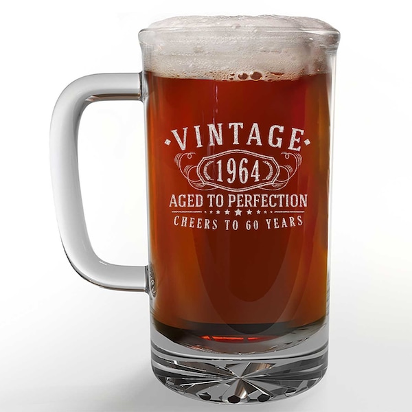 Vintage 1964 Etched 16oz Glass Beer Mug - 60th Birthday Aged to Perfection - 60 years old gifts Best Gift Idea 1.0