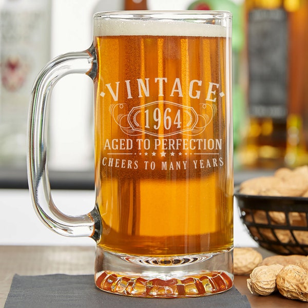 Vintage 1964 Etched 16oz Glass Beer Mug - 60th Birthday Aged to Perfection - 60 years old gifts