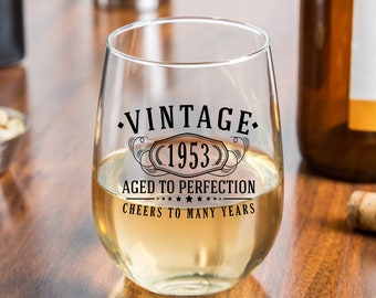Vintage 1953 Printed 17oz Stemless Wine Glass - 71st Birthday Aged to Perfection - 71 years old gifts