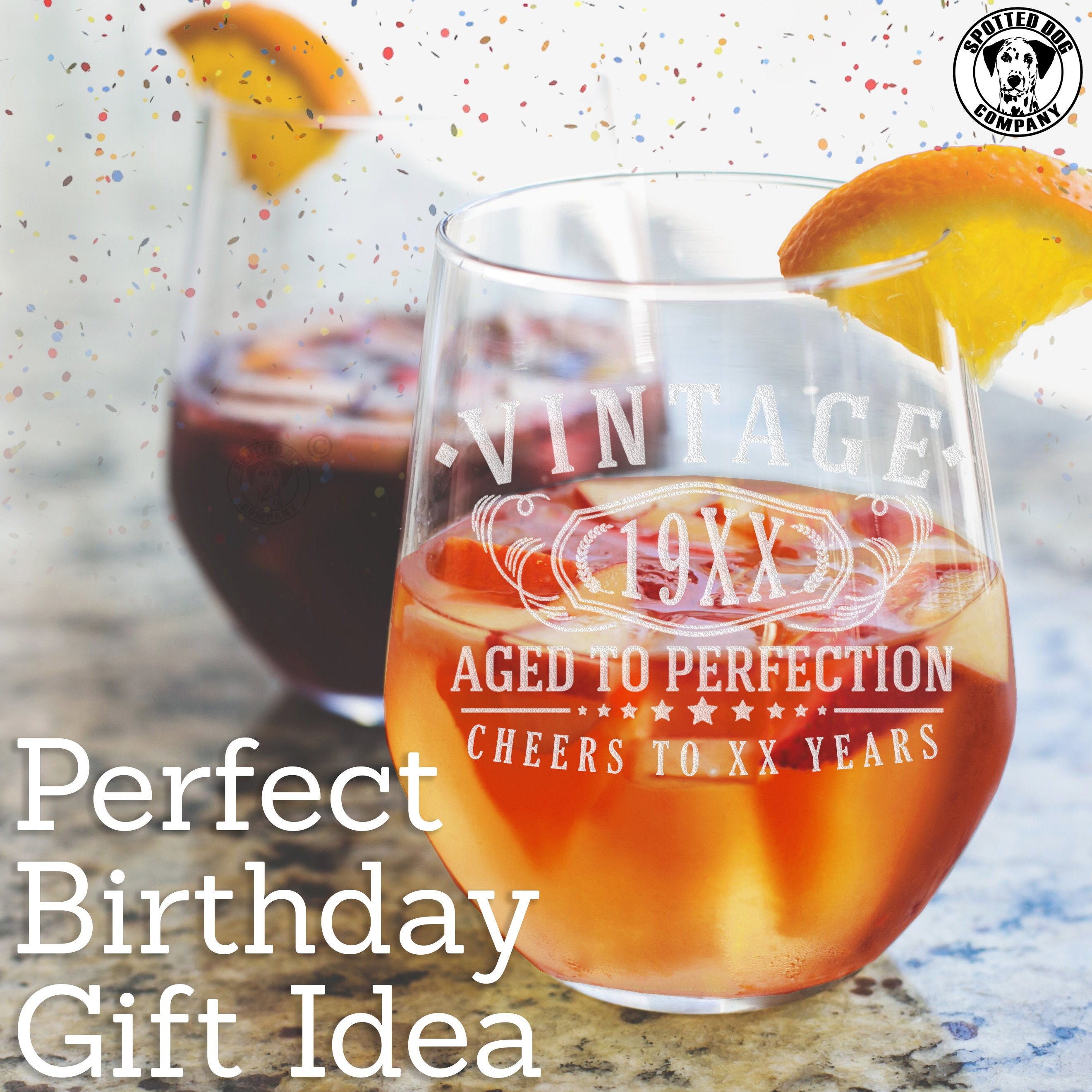 Vintage 19XX Birthday Etched 17oz Stemless Wine Glass, - Personalized…