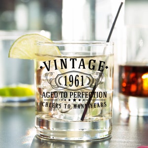 Vintage 1961 Printed 11oz Whiskey Rocks Glass - 64th Birthday Aged to Perfection - 64 years  Bourbon Scotch Lowball Old Fashioned