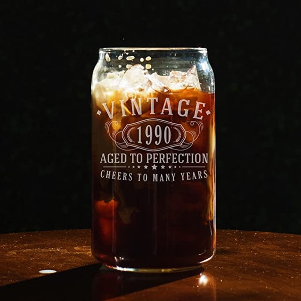 Vintage 1990 Etched 16oz Beer Can Glass - 34th Birthday Aged to Perfection - 34 years old gifts