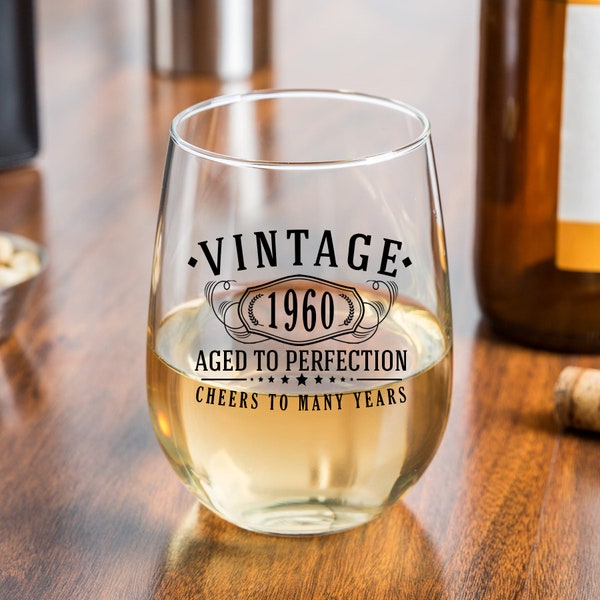 Vintage 1960 Printed 17oz Stemless Wine Glass - 64th Birthday Aged to Perfection - 64 years old gifts