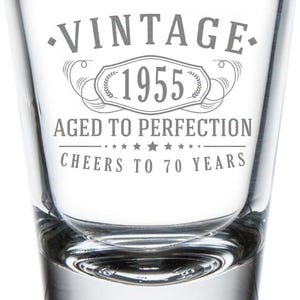 Vintage 1955 Etched 2oz Shot Glass - 70th Birthday Aged to Perfection - 70 years old gifts Bday Party Favors Best Gift Ideas 1.0