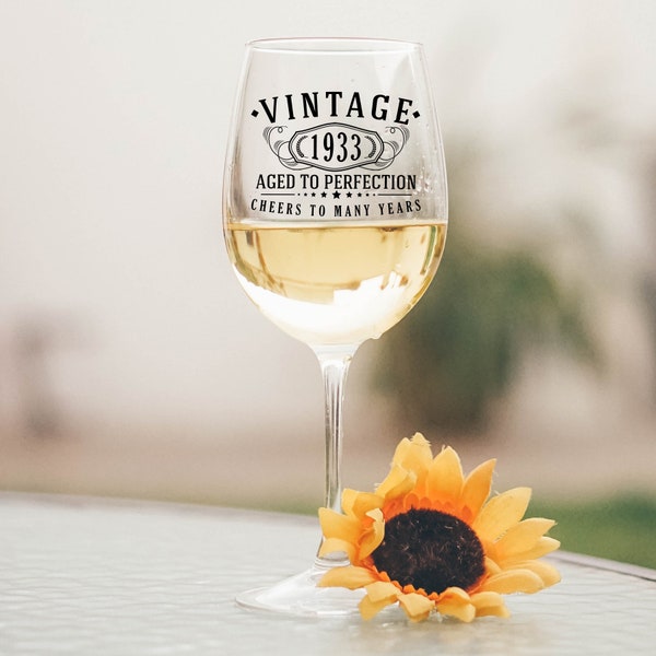 presents 90 year old lady Vintage 1933 Printed 16oz Stemmed Wine Glass - 90th Birthday Aged to Perfection - 90 years old gifts