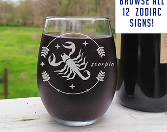 All 12 Astrological Sign Etched 17oz Stemless Wine Glass, Horoscope Gifts & Decor - Unique Gift for BFF best friend, CM01