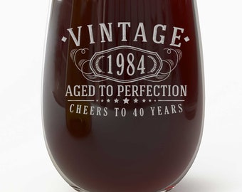 Vintage 1984 Etched 17oz Stemless Wine Glass - 40th Birthday Aged to Perfection - 40 years old gifts - Best Gift Ideas Her Woman 1.0