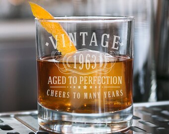 Vintage 1963 Etched 11oz Whiskey Rocks Glass - 62nd Birthday Gift Aged to Perfection - 62 years Bourbon Scotch Lowball Old Fashioned