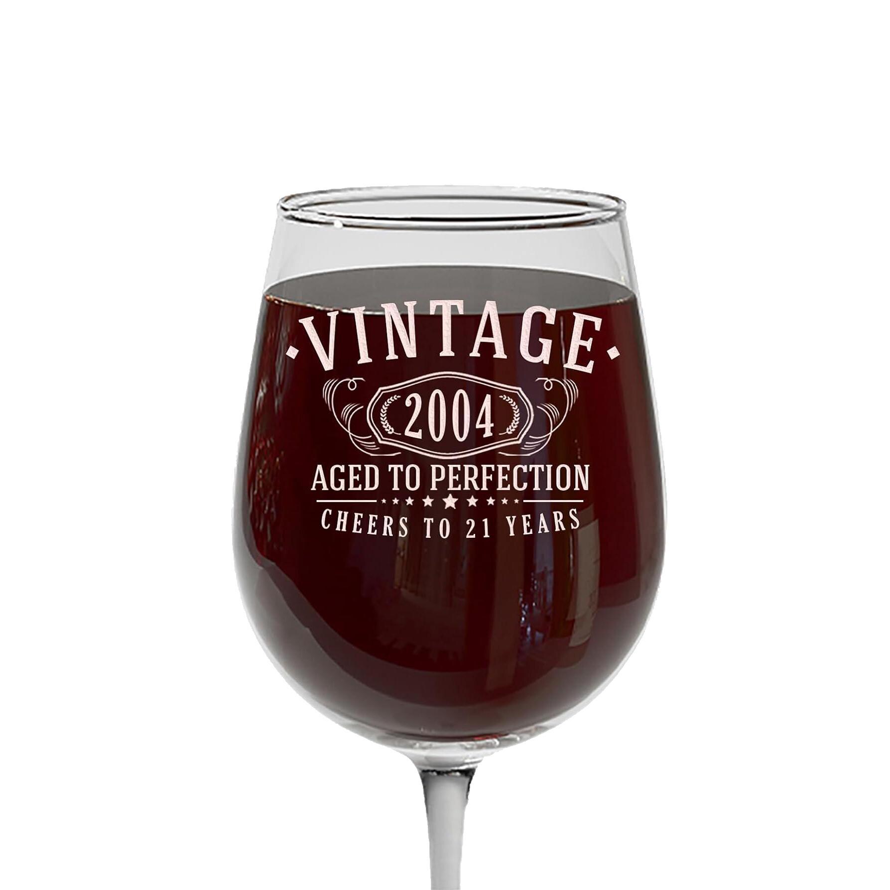 Vintage 2004 Etched 16oz Stemmed Wine Glass - 21st Birthday Aged to Perfection - 21 years old gifts Best Gift Ideas 1.0