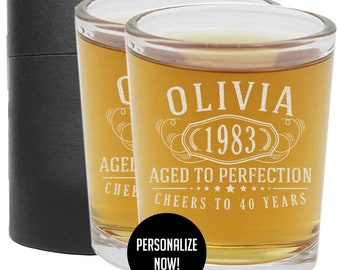 2pk Personalized Etched Shot Glasses - Custom Birthday Aged to Perfection - XX years old gifts - Gifts for Him / Birthday Supplies | Bernard