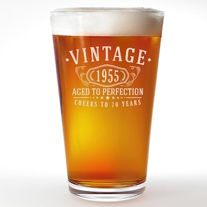 Vintage 1955 Etched 16oz Pint Beer Soda Glass - 70th Birthday Aged to Perfection - 70 years old gifts Gift Ideas Man Woman 1.0