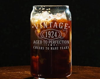 Vintage 1924 Etched 16oz Beer Can Glass - 100th Birthday Aged to Perfection - 100 years old gifts