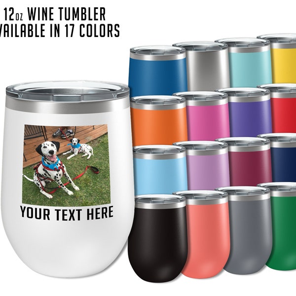 Personalized 12oz Powder Coated Stemless Wine Tumblers with Lid, Pick Your Color With 17 To Choose From, Custom Photo, Mother's Day, Photo