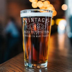 Vintage 1955 Etched 16oz Pint Beer Soda Glass - 70th Birthday Aged to Perfection - 70 years old gifts
